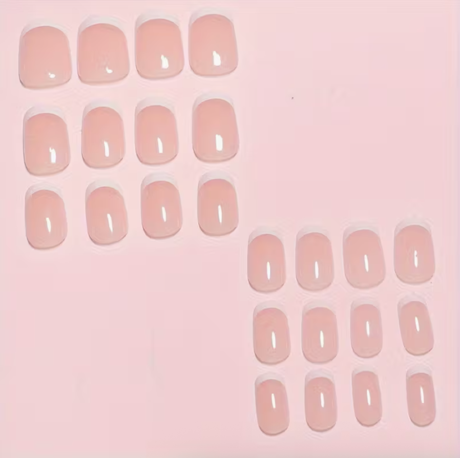 24pc Glossy Press-On Nails – Short Coffin, Pink & White
