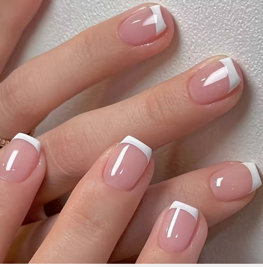 24pc Glossy Press-On Nails – Short Coffin, Pink &amp; White